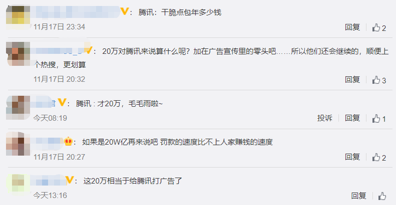 腾讯，被罚了20万！