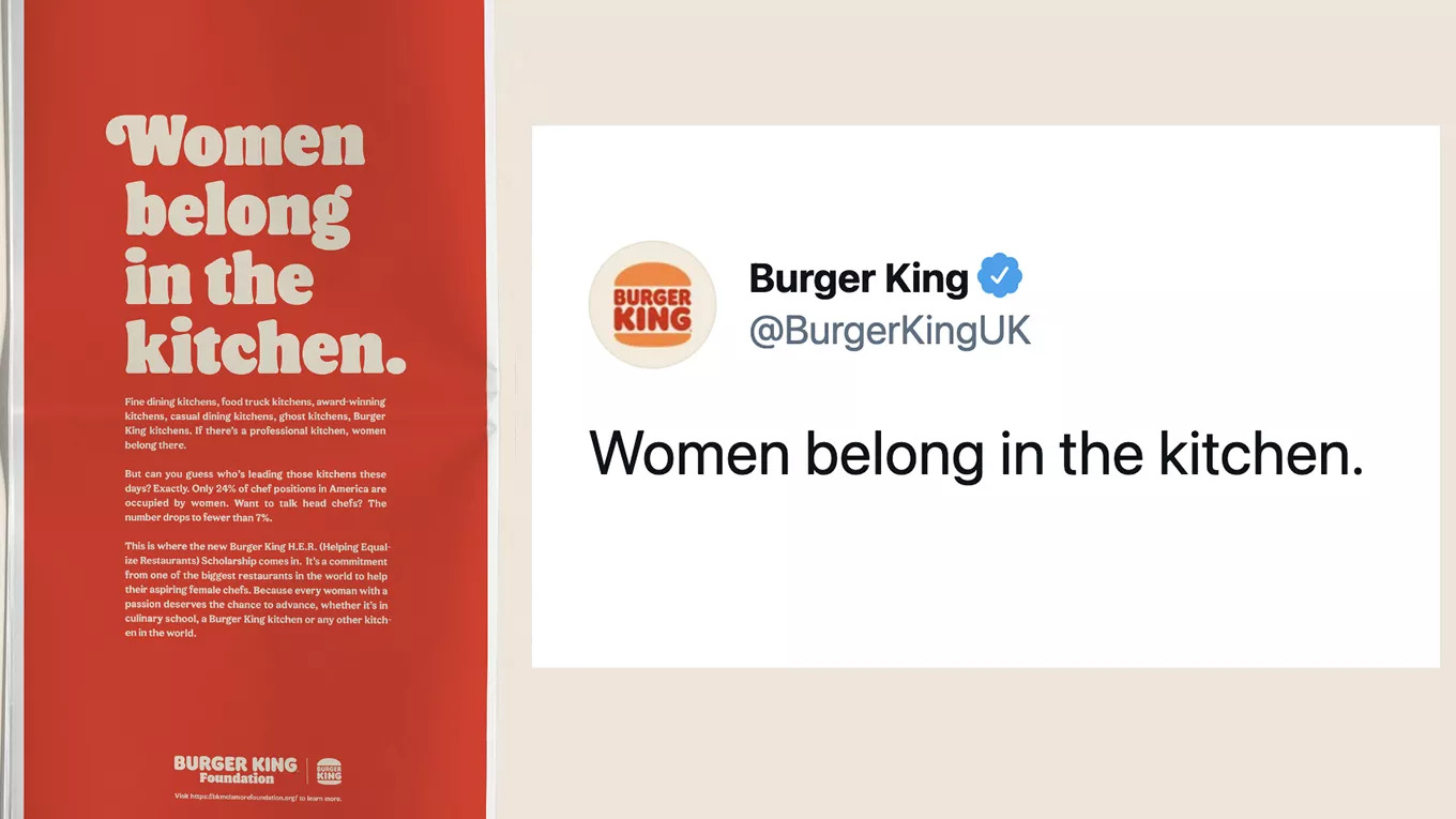汉堡王妇女节推文涉嫌歧视女性 据俄罗斯卫星通讯社报道，3月8日国际妇女节这一天，在“汉堡王”快餐连锁店英国分店的官方推特上，出现了一条被“骂惨”的推文，引起争议的这条推文写道：“女性应该待在厨房。”它被认定为是一种“不尊重女性”、“歧视女性”的言论，引发网友强烈不满。 对此，汉堡王英国解释道，他们在用这种方式宣传即将推出的针对女员工的奖学金项目，英国厨房里只有20%的专业厨师是女性，他们希望改变餐饮业性别失衡的状态，使女性员工有机会从事烹饪事业。此后，汉堡王英国删除了这条引发争议的推文并发文道歉。