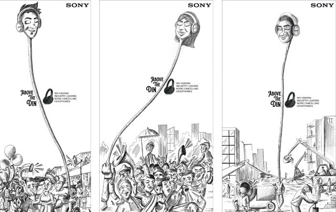 索尼创意平面广告：戴上耳机，置身于喧嚣之外
